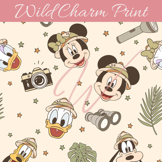 Mouse & Friends Safari seamless pattern, Magical Kingdom seamless Pattern, Cartoon seamless file for fabric sublimation