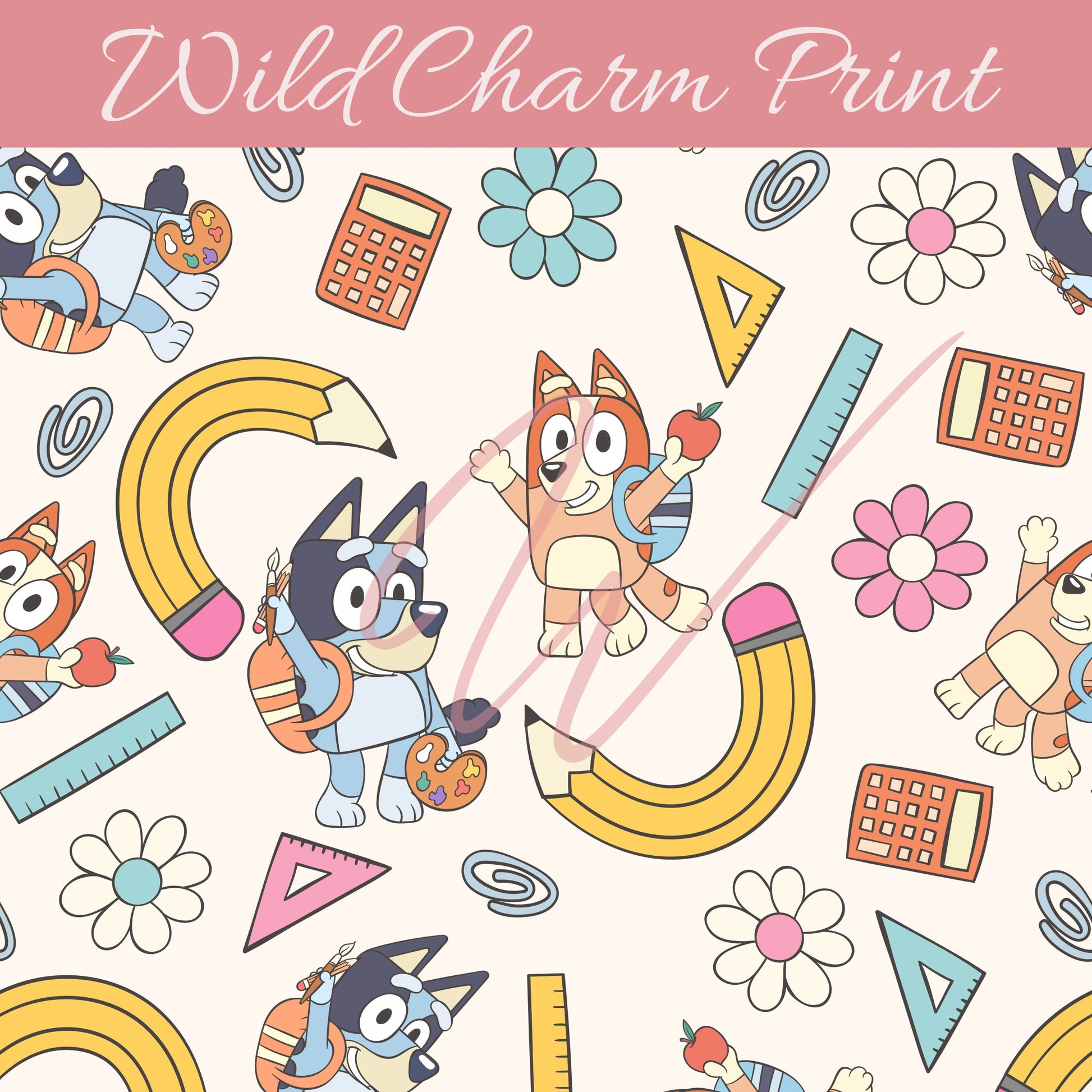 Blue dog and Friends seamless pattern, Back to School seamless, Magical School seamless design for fabric sublimation Digital download