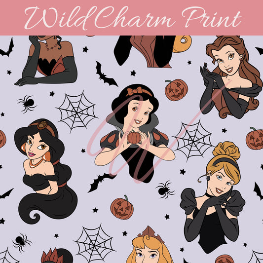 Halloween Magical Princesses seamless repeat pattern, Witchy Princess Seamless pattern for fabric sublimation