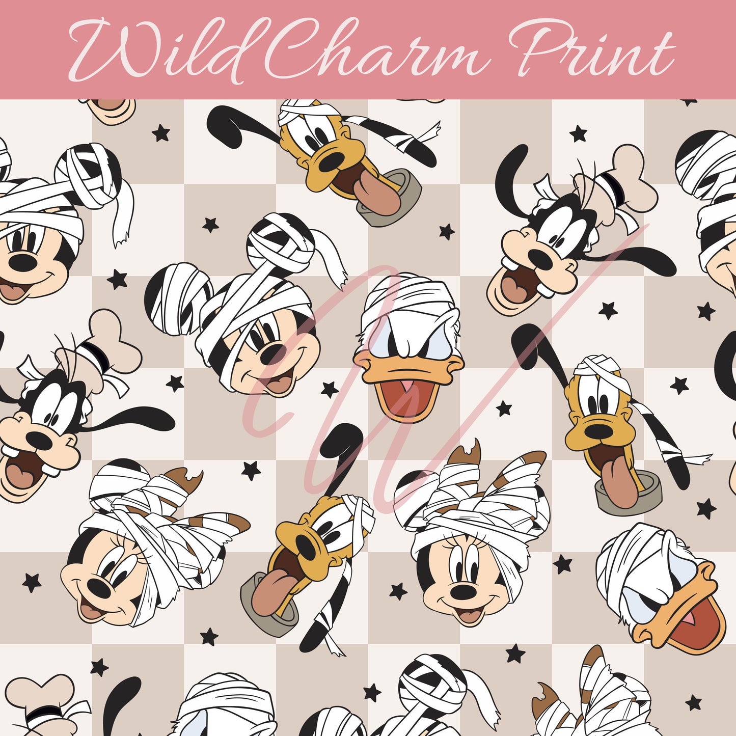 Neutral Mummy Mouse and Friends seamless file, Magical Halloween seamless pattern, Mouse Halloween seamless file for fabric sublimation