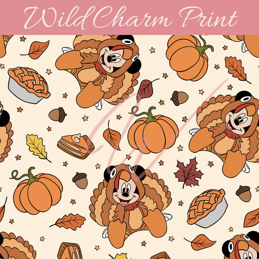 Mouse Thanksgiving Seamless Pattern, Magical Thanksgiving Seamless Pattern, Fall seamless repeating pattern for fabric sublimation