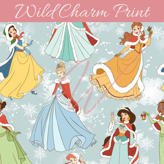 Christmas Magical Princesses seamless pattern, Winter Princess seamless pattern for fabric sublimation