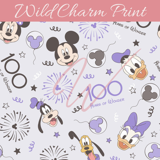 100 years of wonder seamless pattern, Magical mouse minnie Anniversary celebration Family vacation seamless pattern for fabric sublimation