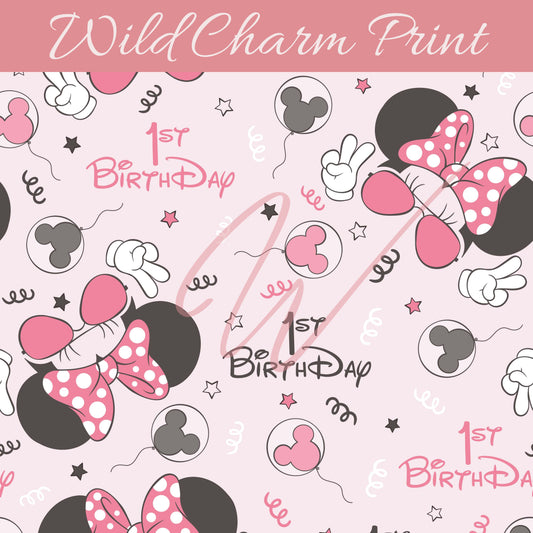 Minnie 1st Birthday seamless repeat pattern, Magical Birthday seamless pattern, Birthday girl seamless pattern for fabric sublimation