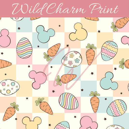 Mouse and Friends Easter seamless repeat pattern, Mouse ears, Magical, Bunny, Spring, Carrots, Easter seamless file for fabric sublimation