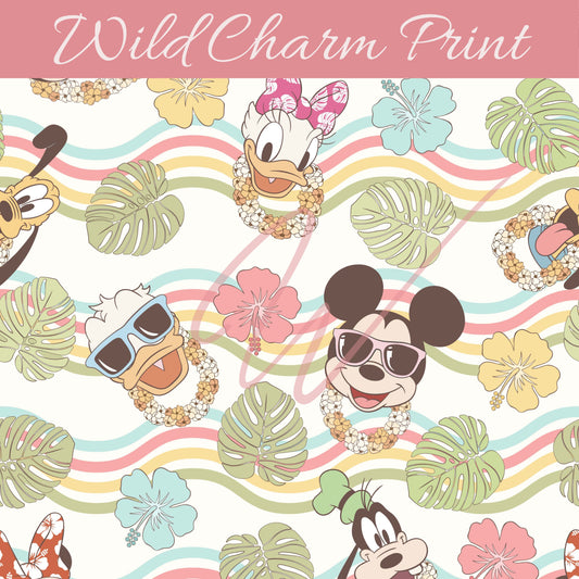 Summer Mouse & Friends seamless Pattern, Magical mouse seamless, Groovy, Aloha Spring seamless repeating pattern for fabric sublimation