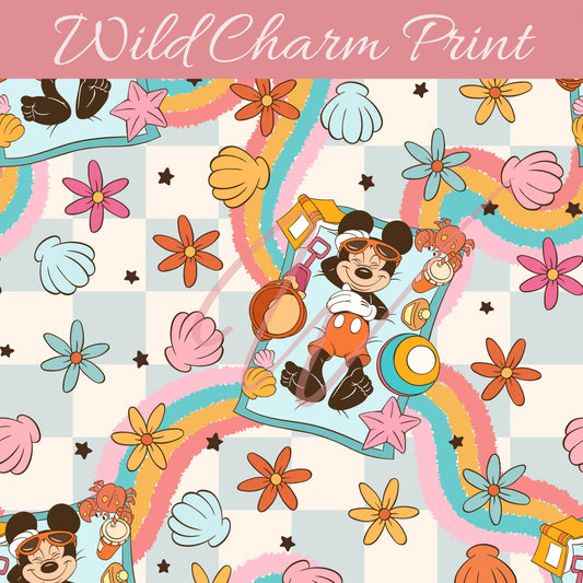 Summer Mouse & Friends seamless Pattern, Magical mouse seamless, Groovy, Seashell, Flower Spring seamless repeat pattern fabric sublimation