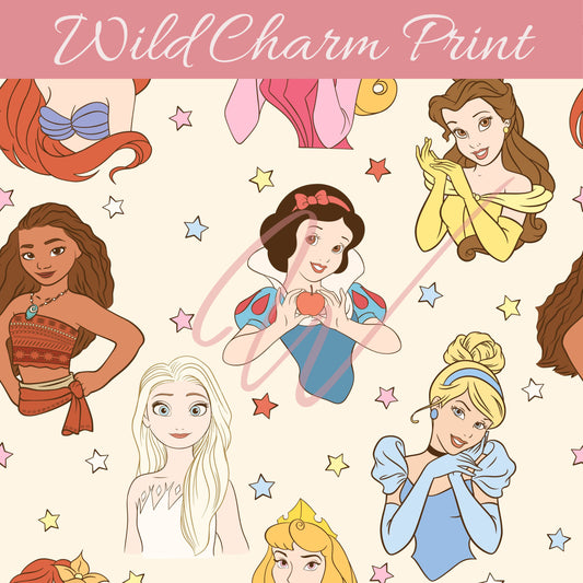 Magical Classic Princesses seamless repeat pattern, Princess Seamless pattern for fabric sublimation